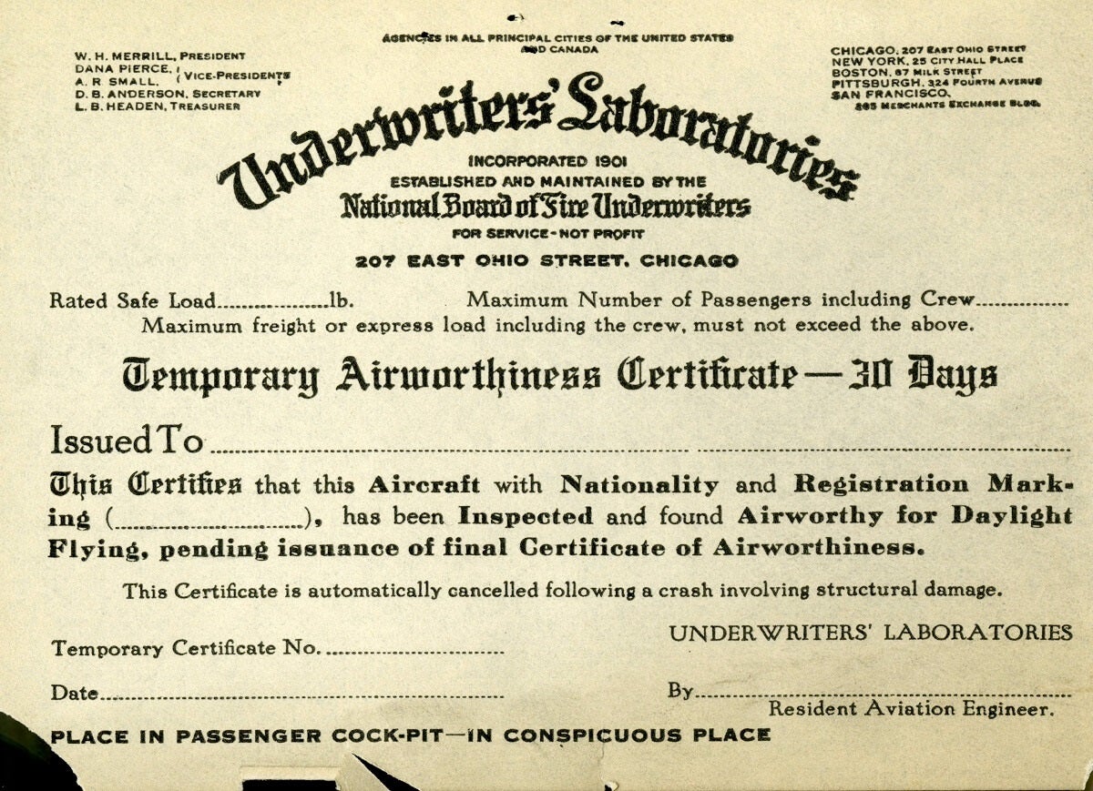 A temporary airworthiness certificate, valid for 30 days.