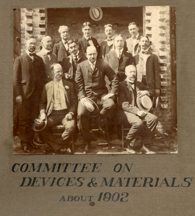 A photograph of NFPA’s Committee on Devices and Materials, ca. 1902. William Henry Merrill, Jr. is standing in the back row all the way on the right, and Herbert Wilmerding is next to him. | UL Archives