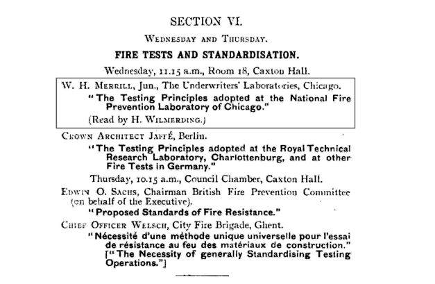 The schedule of the First International Fire Prevention Congress, mentioning Merrill’s paper. | First International Fire Prevention Congress – The Official Congress Report