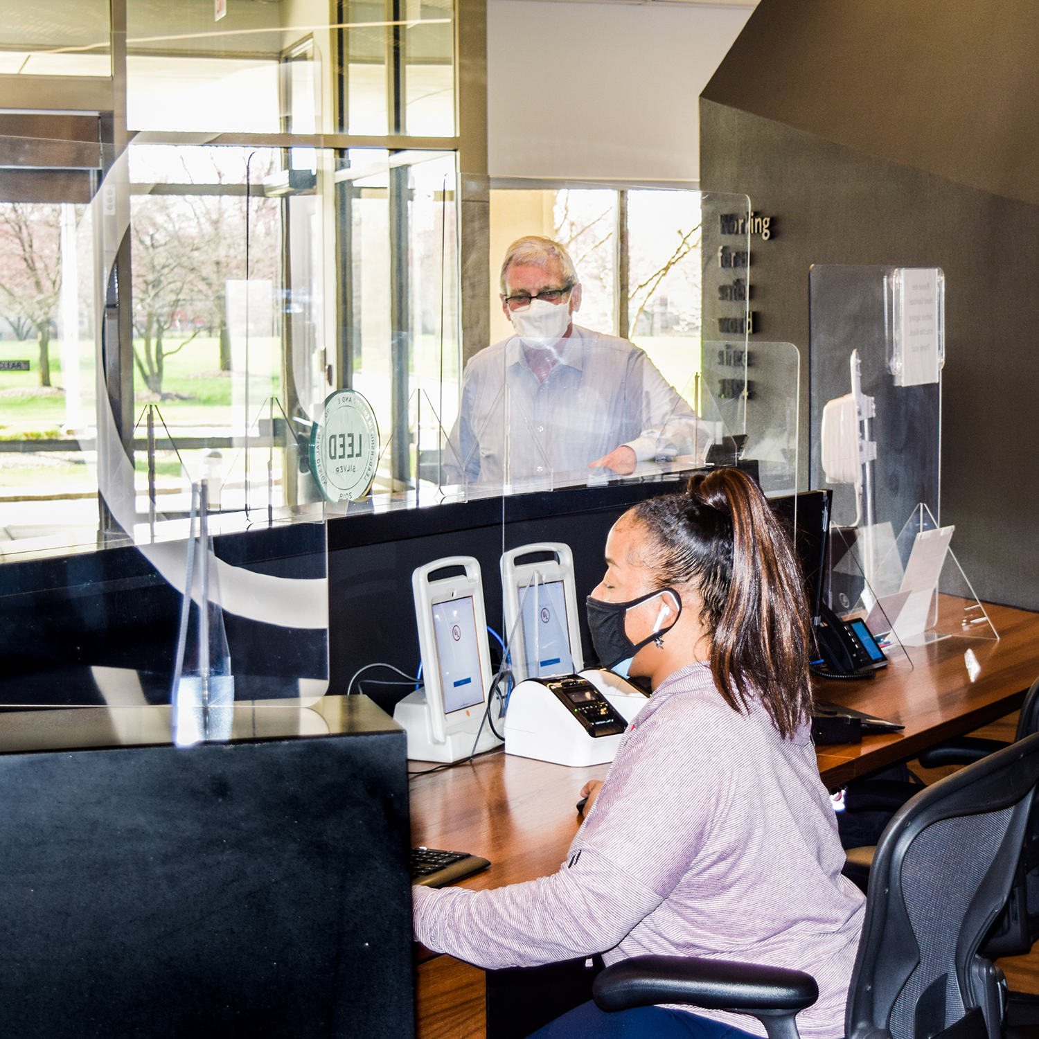 UL's front desk, now with plastic barriers