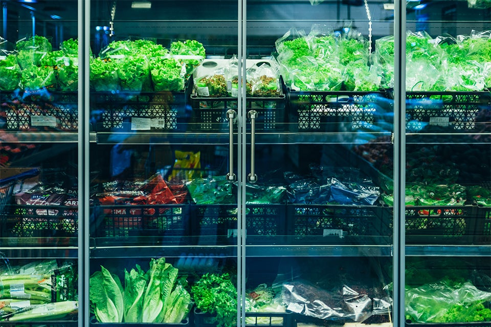 Leafy salad greens on display in a commercial refrigerator