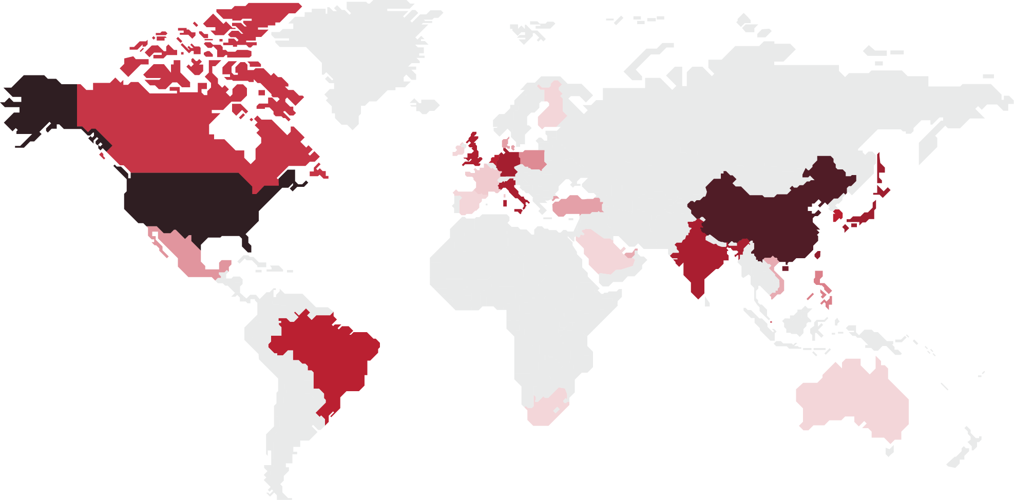 A heat map of the world showing the number of UL employees around the globe