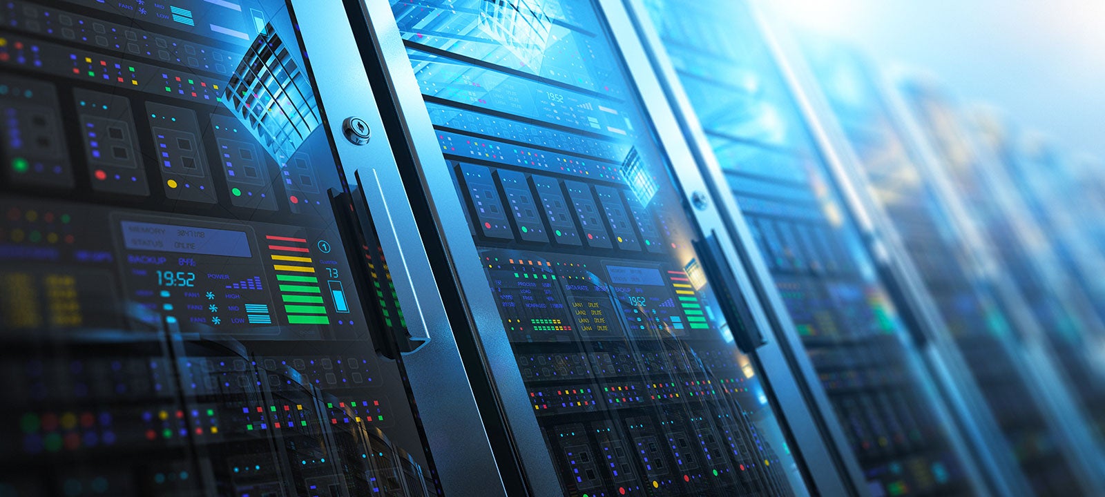 Close up view of a row of servers